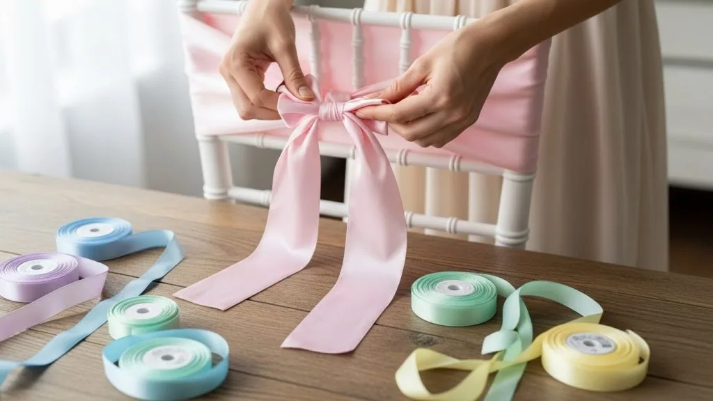 DIY Celebration Decor Crafts That Make Every Party Magical 3 Woman tying a satin ribbon bow on a chair with ribbon spools on a table.
