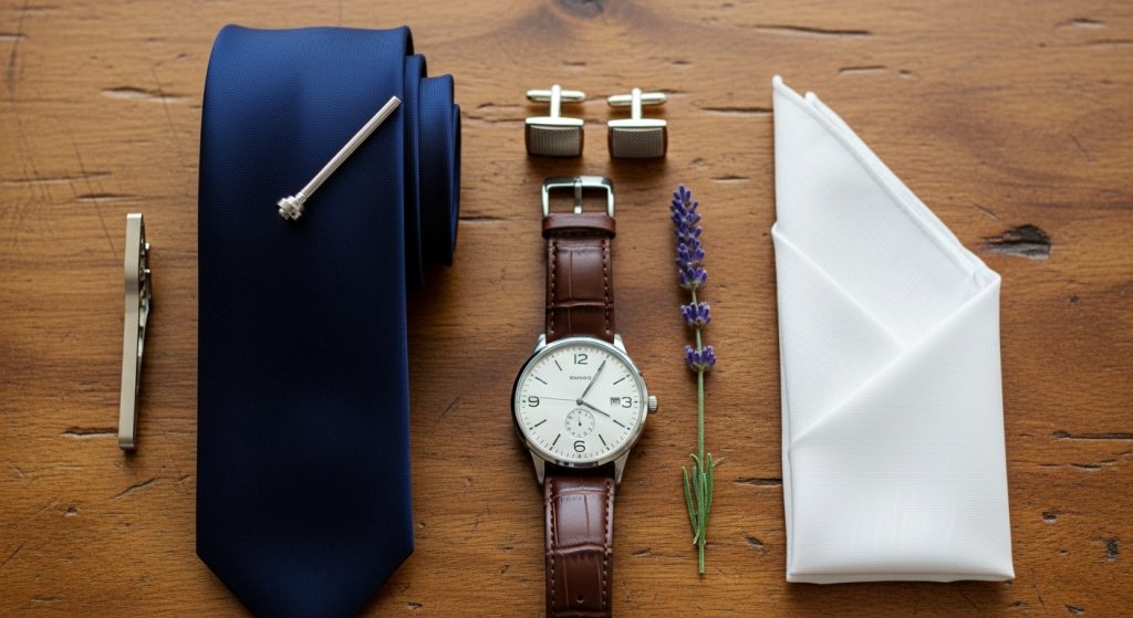  Groom accessories including tie, cufflinks, watch, and pocket square.