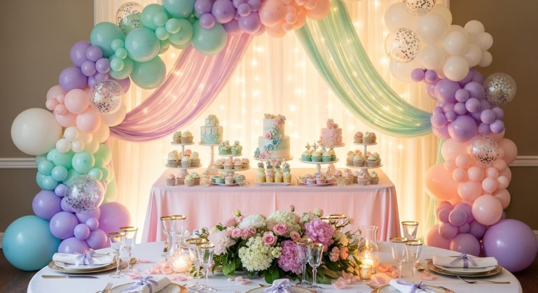 Elegant pastel birthday decor with balloons, lights, and a decorated dessert table