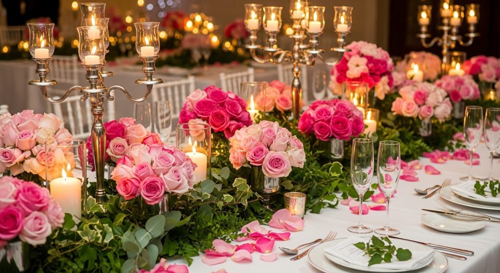 Romantic floral arrangements used in party decor.