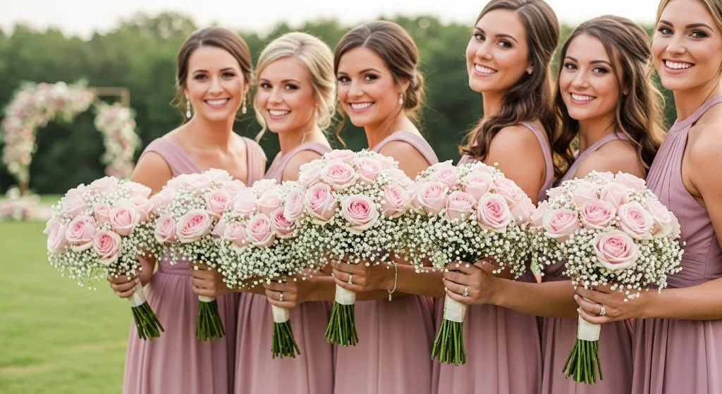 “Bridesmaids holding matching bouquets of blush roses and baby’s breath, soft-focus background, outdoor wedding.”