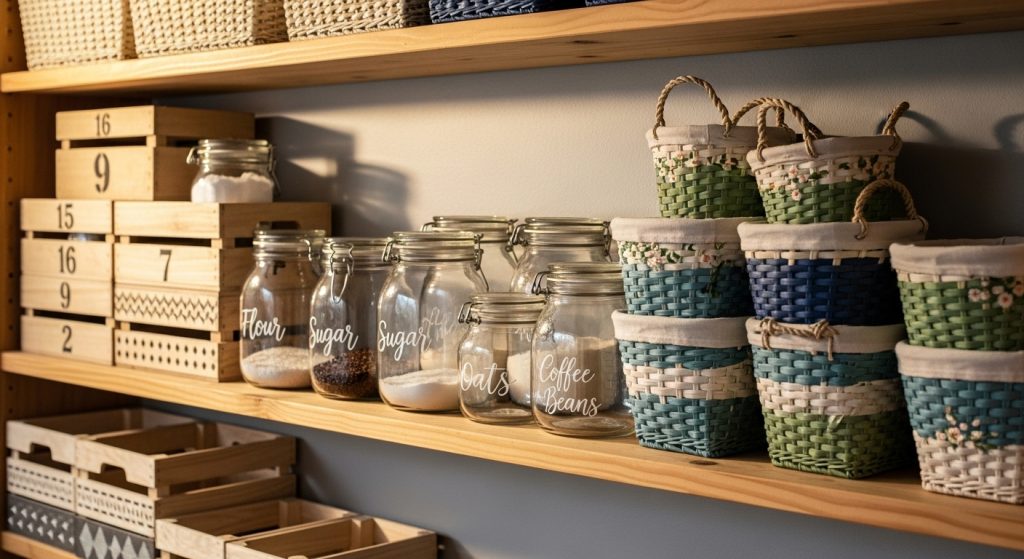 DIY Mastery: Creative, Easy & Affordable Projects for Every Home 6 Neatly organized DIY storage shelf with labeled jars and painted crates.