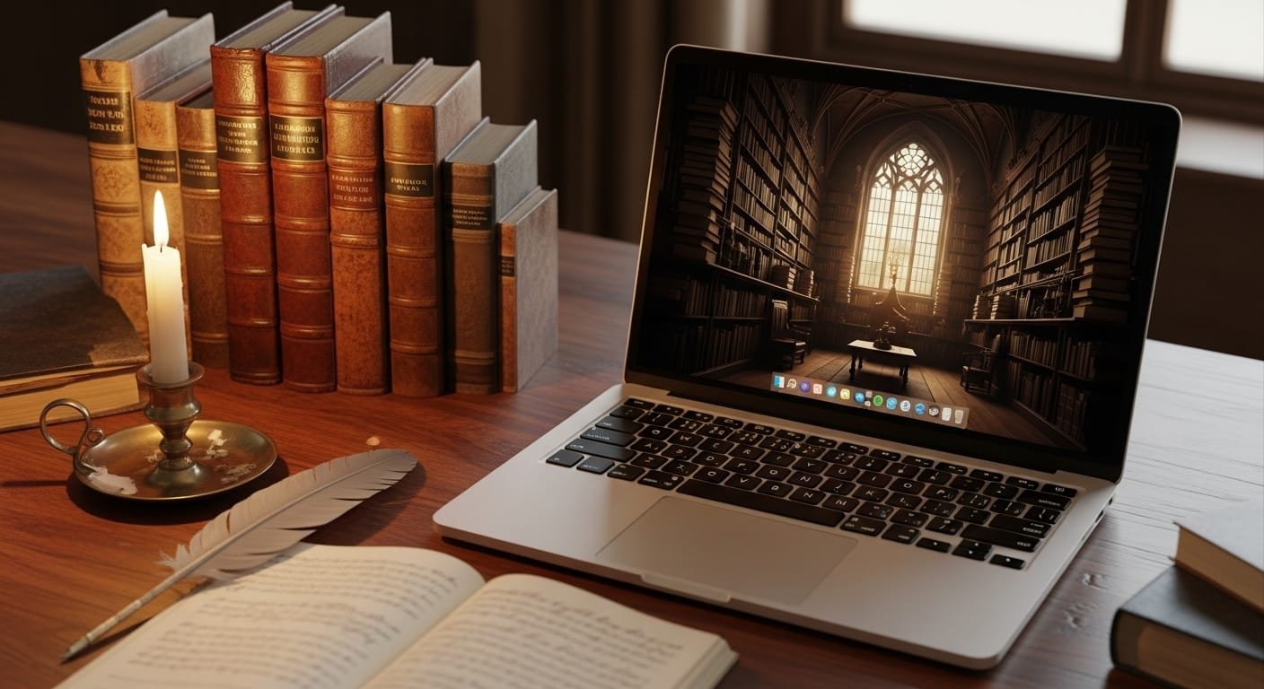 Dark academia aesthetic laptop wallpaper in HD 1080p featuring candlelight, antique books, and a vintage study desk — elegant, moody, and intellectual atmosphere.