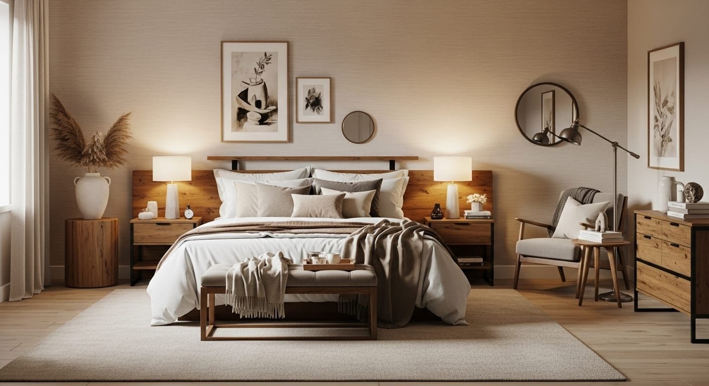 Cozy and stylish wallpaper backgrounds for rooms featuring warm beige tones and elegant bedroom decor.