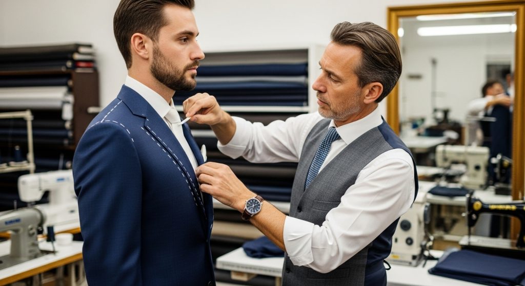 : Tailor adjusting a groom’s suit jacket during fitting.
