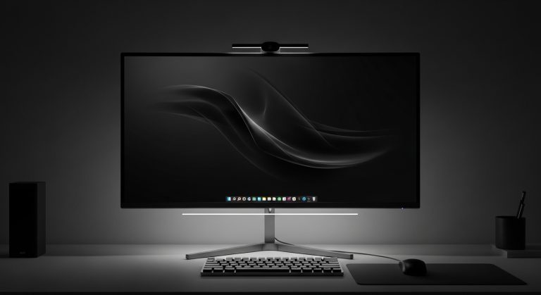 Modern desktop setup featuring black wallpaper for PC with minimalist design and soft LED lighting.