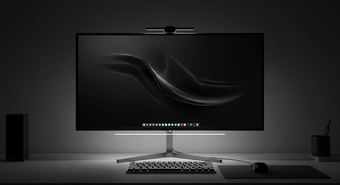 Modern desktop setup featuring black wallpaper for PC with minimalist design and soft LED lighting.