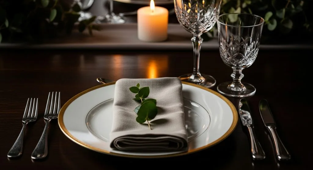 Close-up of a perfectly styled place setting: gold-rimmed plate, folded linen napkin with greenery tuck, soft candlelight reflecting on crystal.