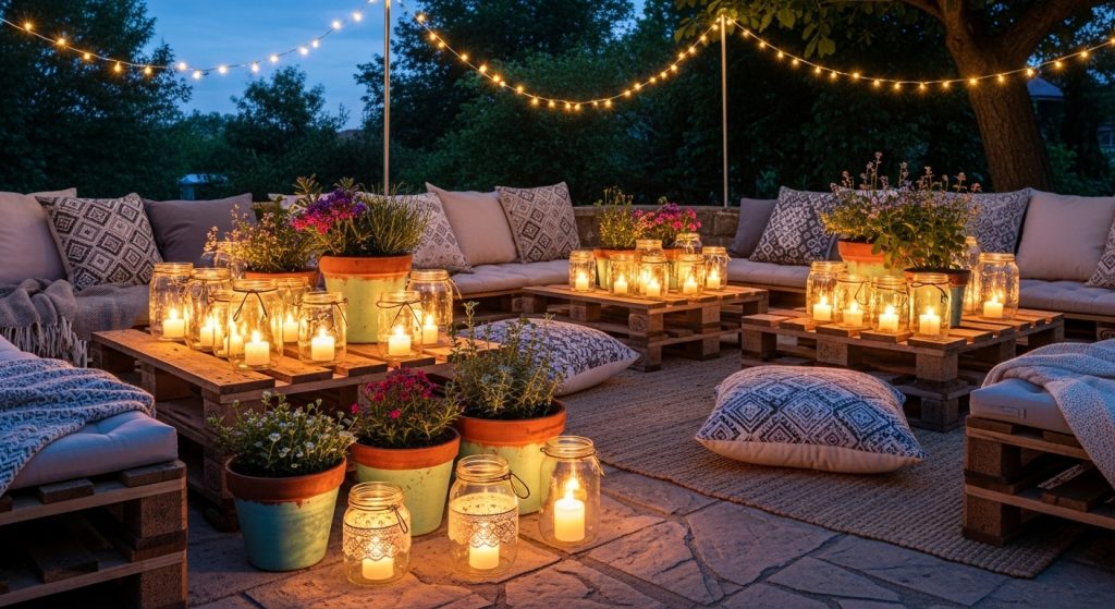 DIY Mastery: Creative, Easy & Affordable Projects for Every Home 7 Charming garden patio decorated with colorful DIY lanterns and plant pots.