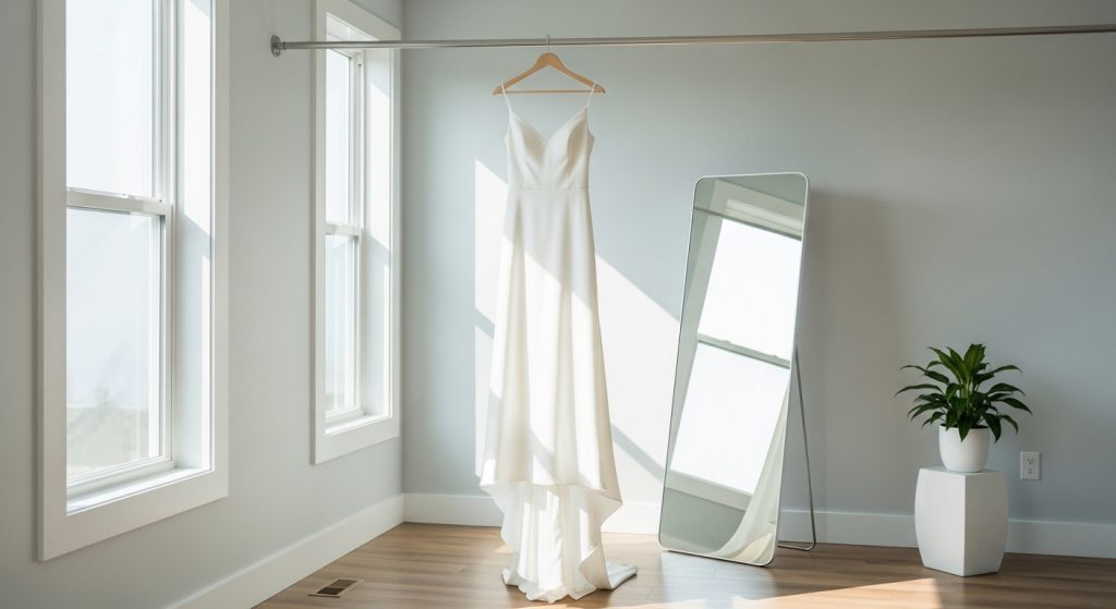 Minimalist satin wedding dress with smooth fabric and elegant silhouette.