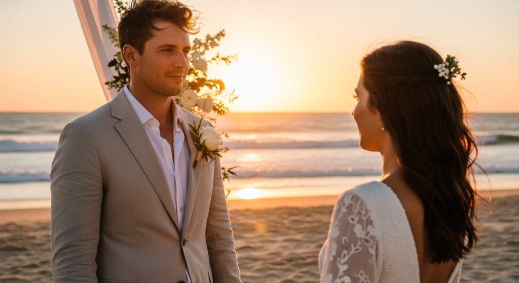 Groom Suits: Timeless Styles That Define Wedding Elegance 9 Groom wearing a light linen suit at a beach ceremony.