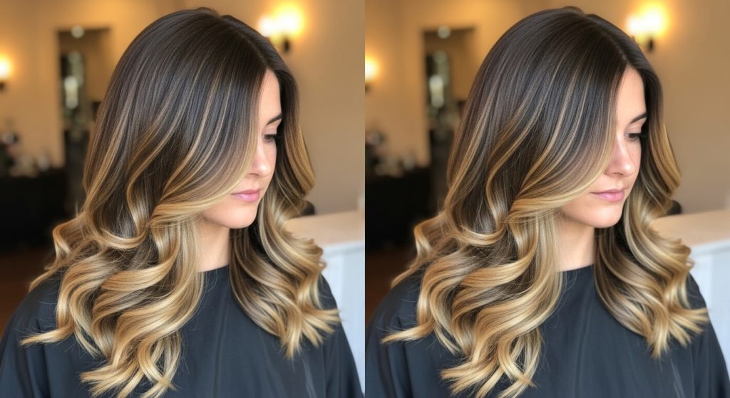 Alt Text:
Soft curls with chocolate brown and honey-blonde balayage glowing under warm indoor light.