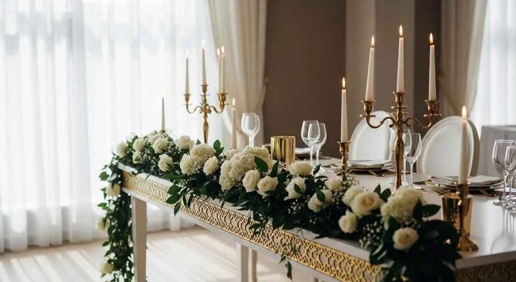  Long white table dripping in gold accents and white roses. Tall taper candles flicker. Soft natural light streams through sheer curtains.