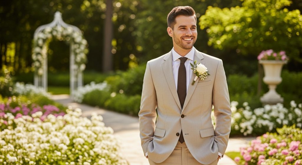  Groom wearing a beige slim-fit modern suit in a garden setting.
