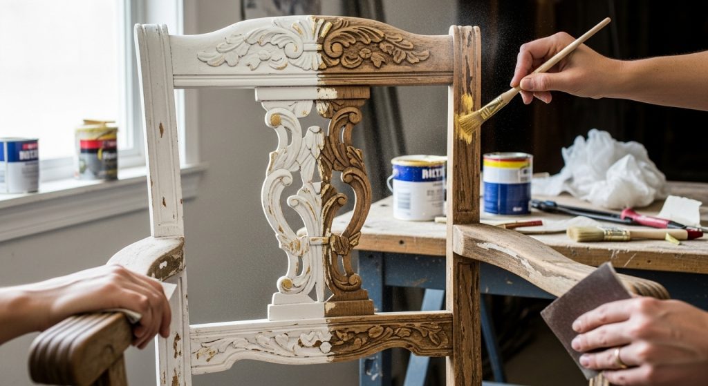 DIY Mastery: Creative, Easy & Affordable Projects for Every Home 9 Upcycled DIY furniture showing a painted wooden chair transformation.