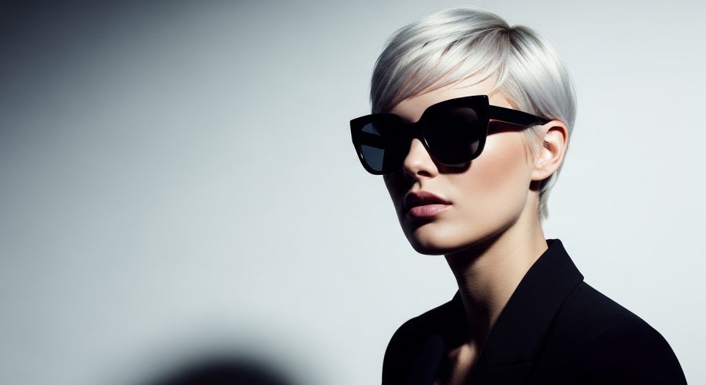 A person with a sleek platinum-blonde pixie cut illuminated with high-contrast lighting.