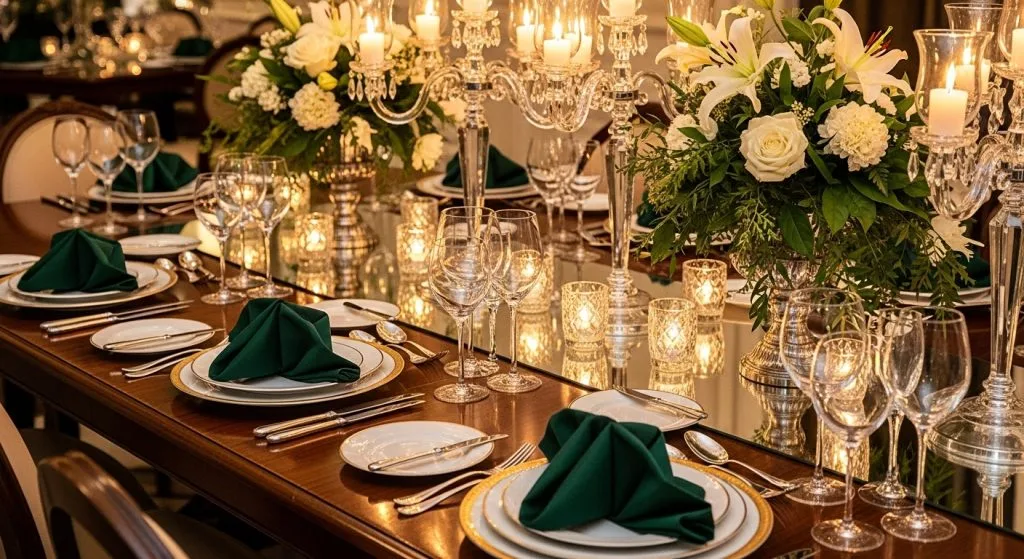 Opulent table with mirrored runner reflecting tall crystal candlesticks, deep emerald napkins, sparkling glassware.