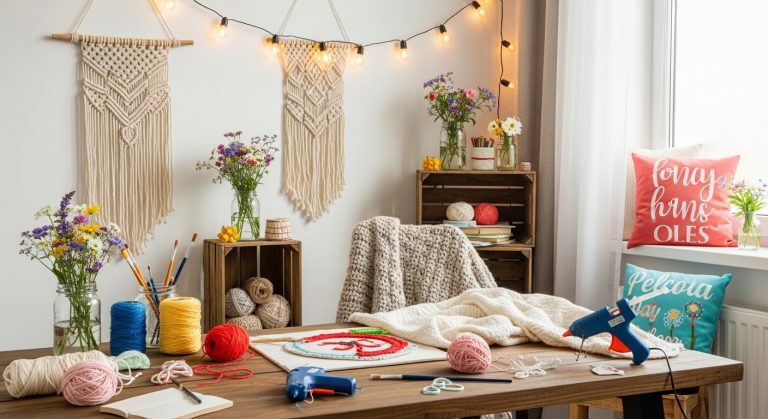 Creative DIY home decor scene with handmade crafts, cozy room makeover elements, and simple budget-friendly project materials