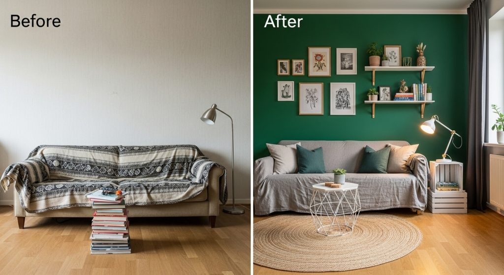 DIY Mastery: Creative, Easy & Affordable Projects for Every Home 4 Budget room makeover showcasing DIY accent wall and decorative shelves.