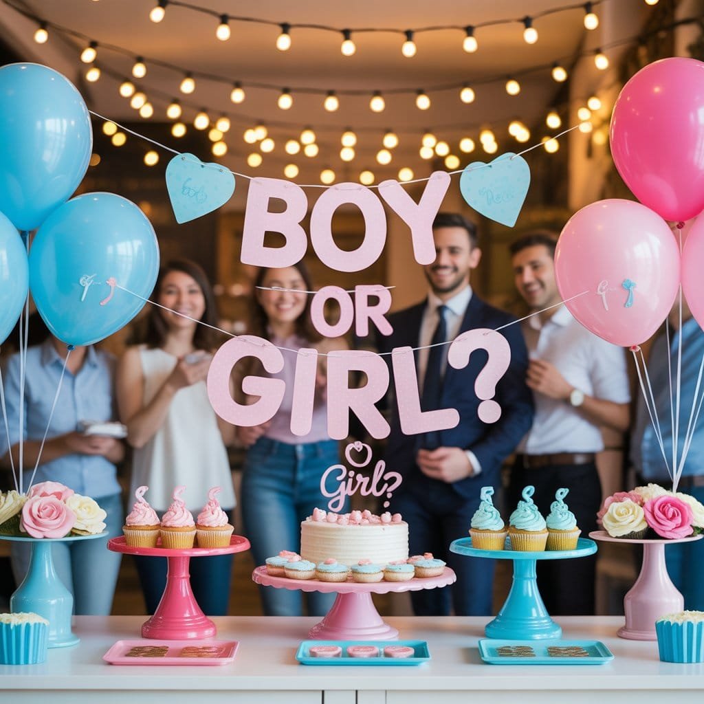“Gender reveal party with blue and pink balloons, decorated dessert table, and festive backdrop.”