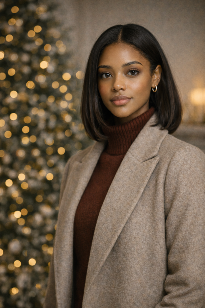 Mid-length portrait with subtle holiday accents, blurred Christmas lights and winter décor in the background, composed facial expression, understated elegance, muted reds and warm neutrals, fashion editorial Christmas photography, soft focus background,