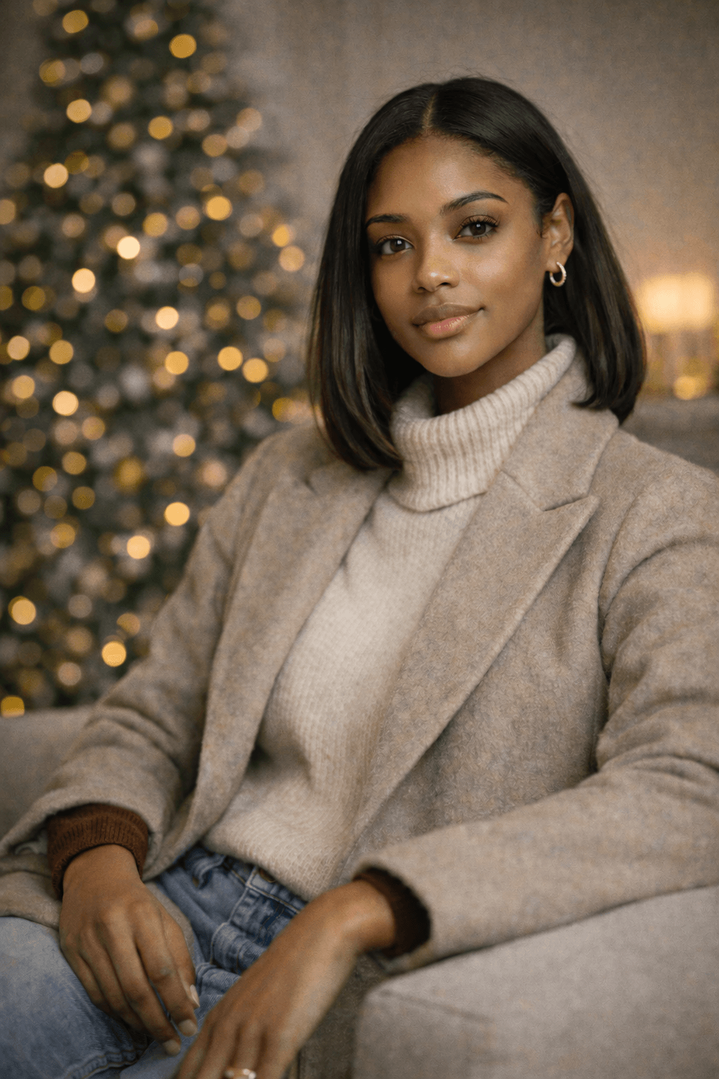 Editorial lifestyle portrait showing quiet confidence, relaxed posture, neutral winter outfit, soft holiday lighting behind, warm tones, modern Christmas atmosphere without clutter, calm and powerful mood, magazine-style photography,