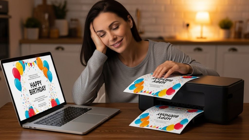 Happy mom in pajamas at night kitchen table, laptop glowing with colorful birthday invitation on screen, fresh prints coming out of home printer, warm cozy lighting, pure relief on her face