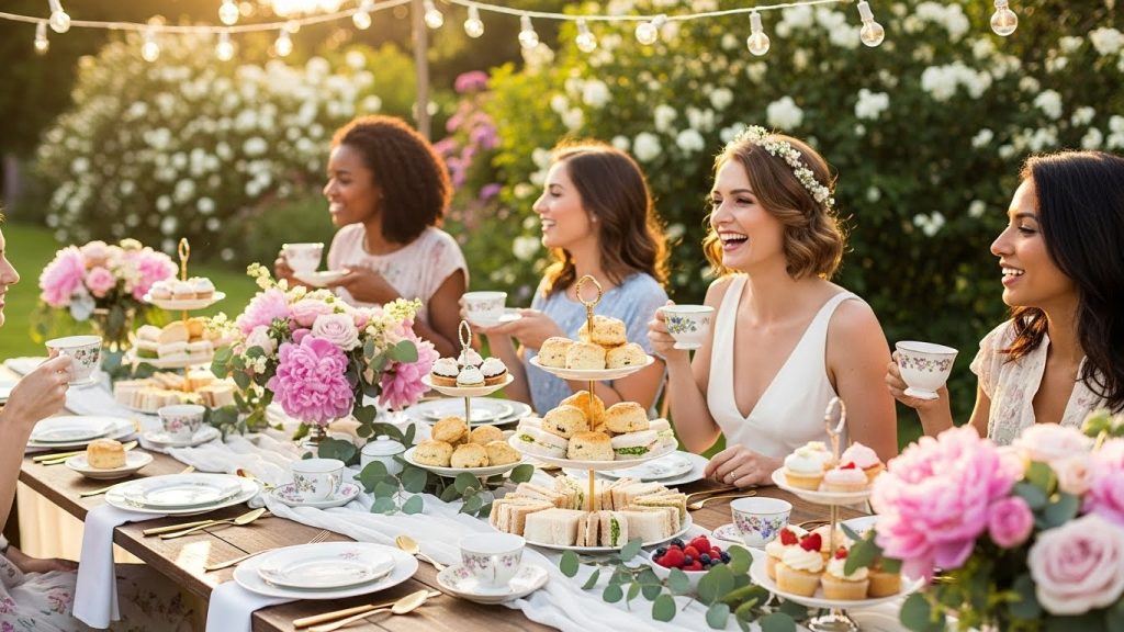 Dreamy garden bridal shower table under string lights and pink peonies, three-tier stand with pastel sandwiches and scones, bride in a white sundress laughing with friends, golden-hour glow, magazine-worthy elegance