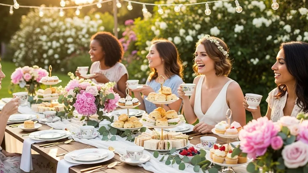 15 Easy Tea Party Recipes Perfect for Bridal Showers 2 Dreamy garden bridal shower table under string lights and pink peonies, three-tier stand with pastel sandwiches and scones, bride in a white sundress laughing with friends, golden-hour glow, magazine-worthy elegance
