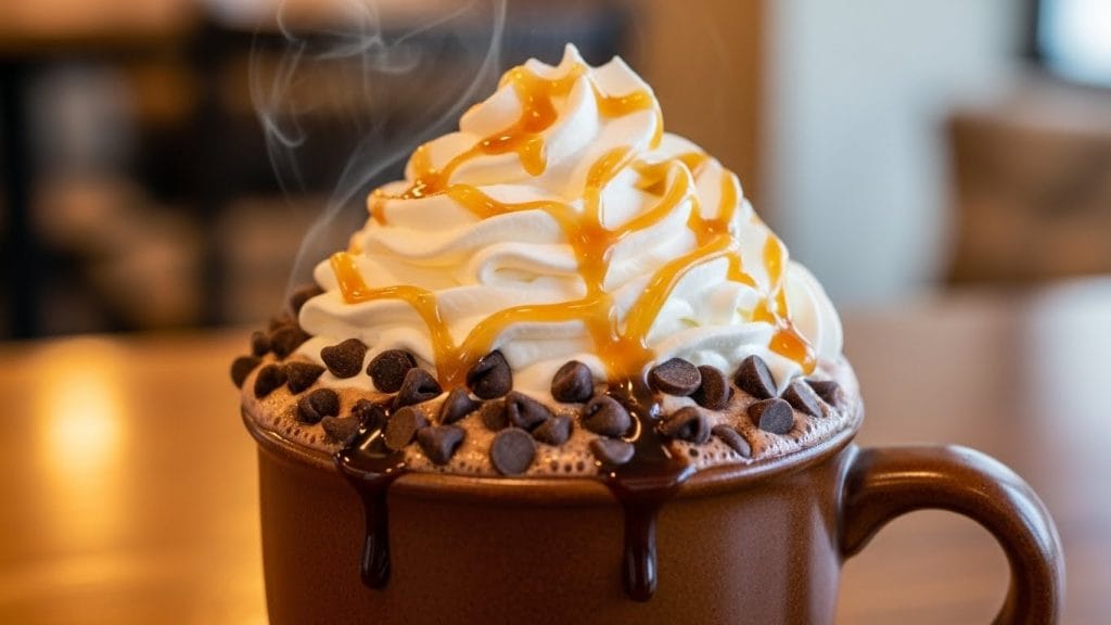 Caramel hot chocolate with whipped cream and chocolate toppings.