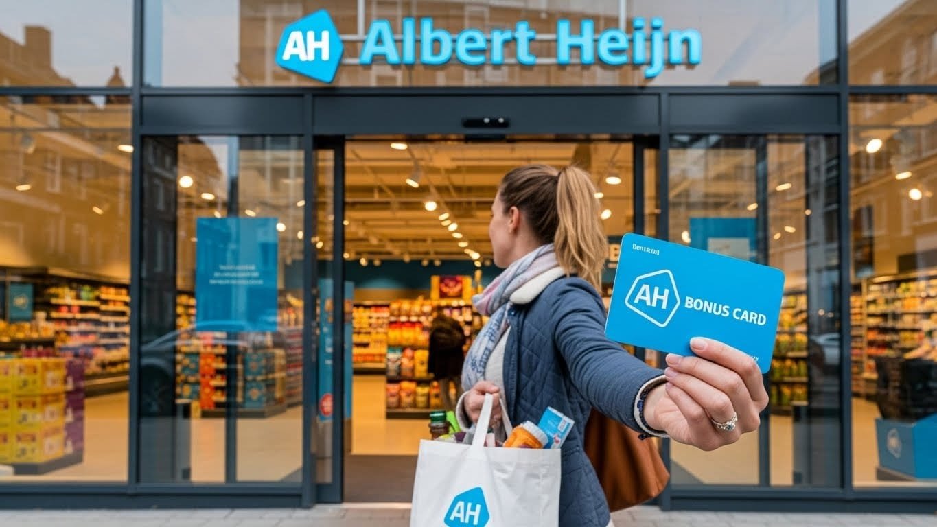 Customer holding an Albert Heijn bonus card outside the store.