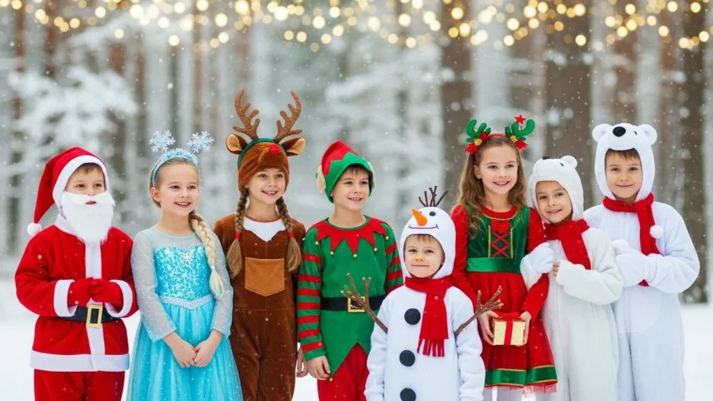 Magical December Costume Ideas for Kids: Cute, Cozy & Celebration Ready 13 Kids in various December costumes enjoying a festive winter party.