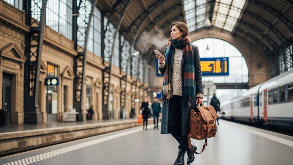 Layered winter travel outfit for European destinations