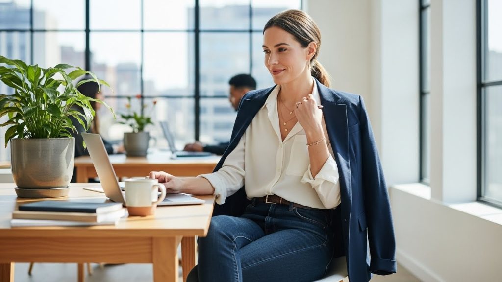 : Versatile modern work outfit styled for hybrid professional environments