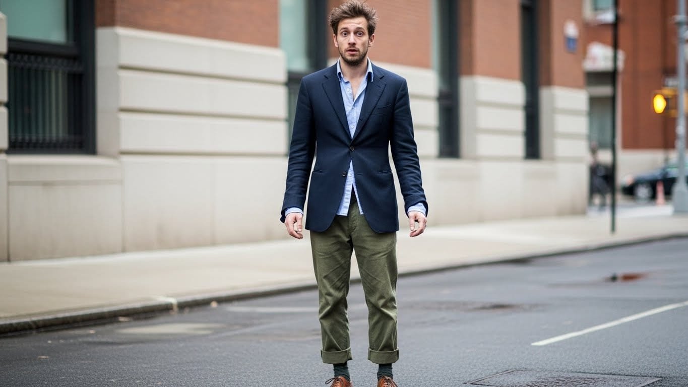 Common men’s fashion mistakes including poor fit, mismatched colors, and worn-out shoes.
