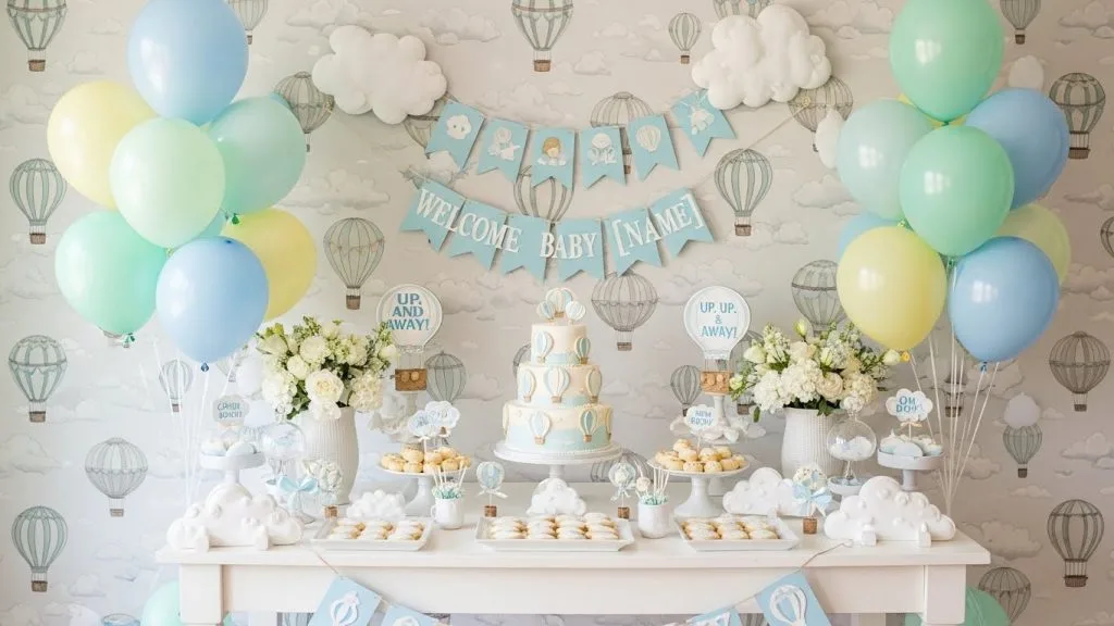 Baby Shower Celebration Wallpapers for Cute Themes: A Fresh Guide for Modern Parents 12 Entire baby shower setup decorated with cute wallpaper and balloons.