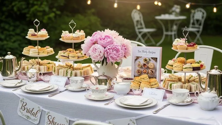 Elegant bridal shower tea party table with pink peonies, tiered stands of sandwiches and scones, pastel desserts, and soft garden lighting tea party recipes perfect for bridal showers.