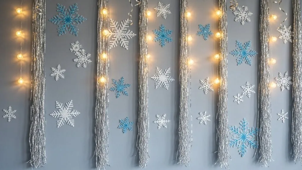 Wall decorated with snowflake decals, silver streamers, and soft glowing lights.