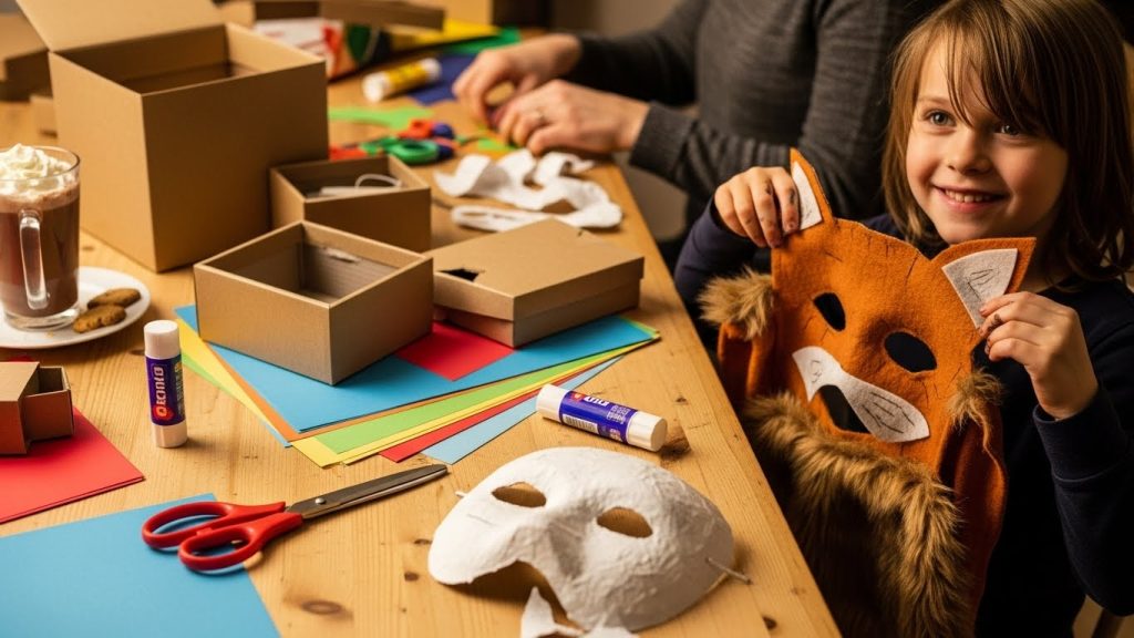 Family crafting homemade kids costume using simple materials at home
