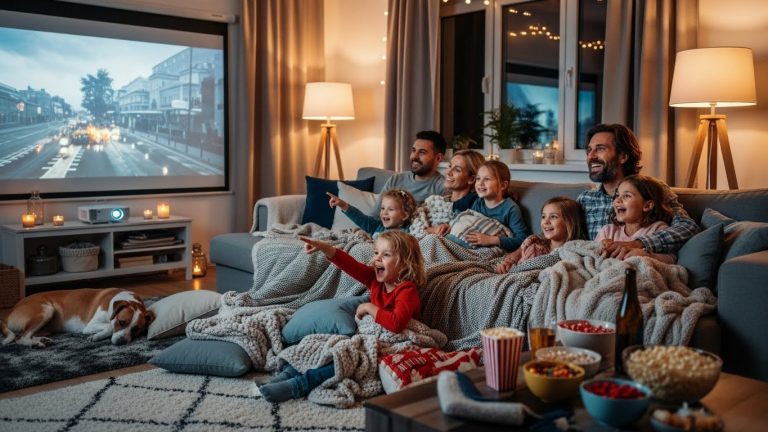 “Family enjoying an indoor movie night with blankets, pillows, and popcorn in a cozy living room.”
