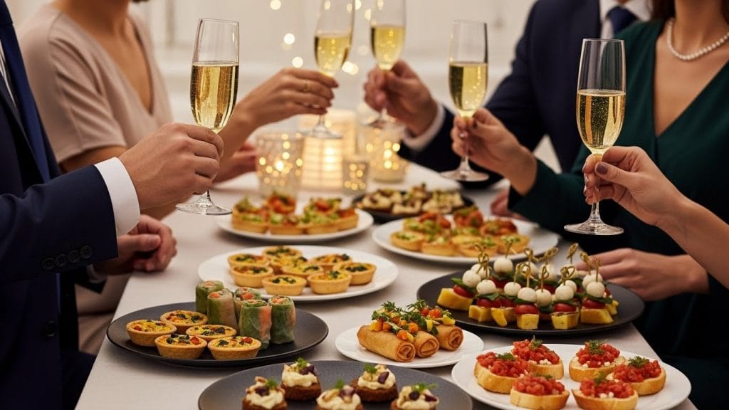 Elegant vegetarian New Year celebration with appetizers and guests