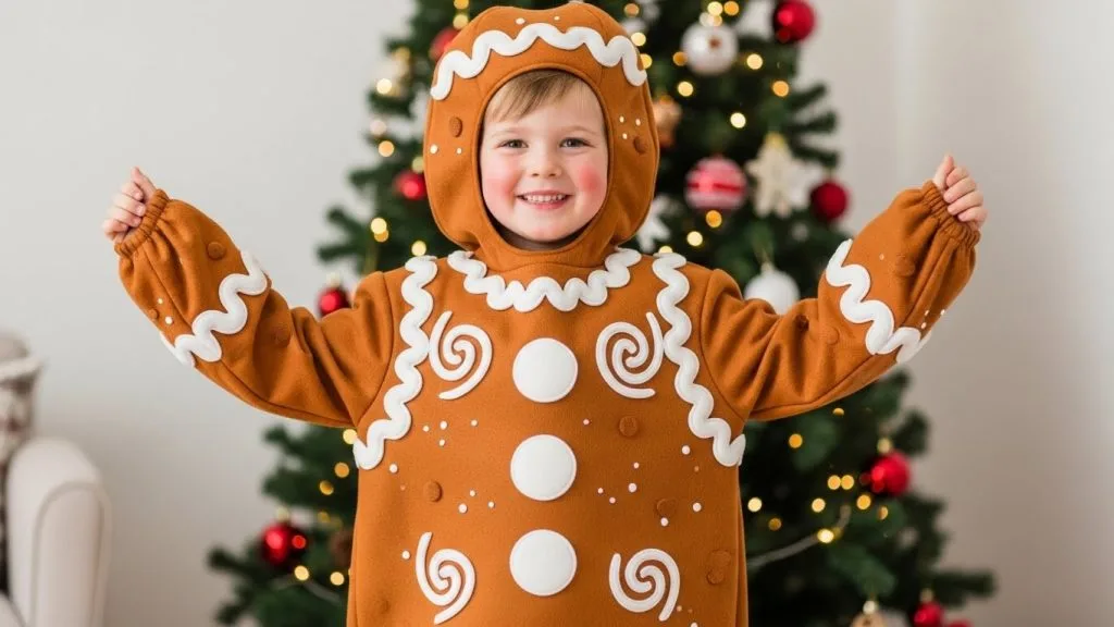 Magical December Costume Ideas for Kids: Cute, Cozy & Celebration Ready 8 Child in a gingerbread-themed December costume with icing decorations.