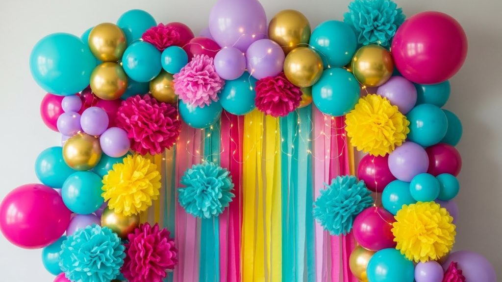 “Homemade photo booth backdrop with balloons and paper decorations.”