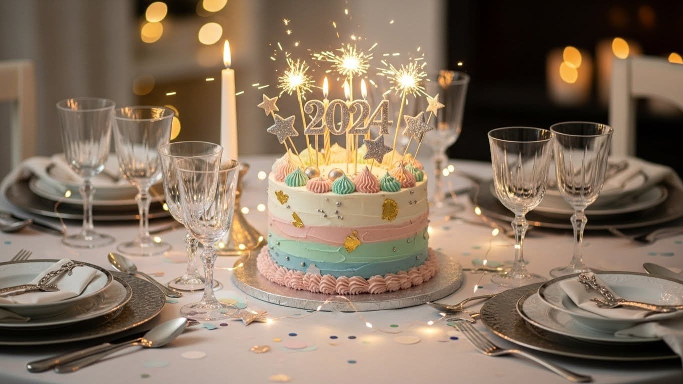 A festive New Year cake on a decorated table with sparkling candles, fairy lights, and confetti, symbolizing a fresh beginning and celebration.