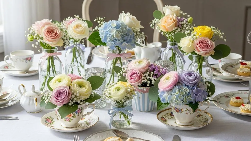 Elegant DIY Tea Party Table Settings and Decorations You Can Make Easily 6 "Small floral arrangements in vintage teacups and glass jars on a tea party table, pastel tones with soft natural light, fresh flowers elegantly displayed."