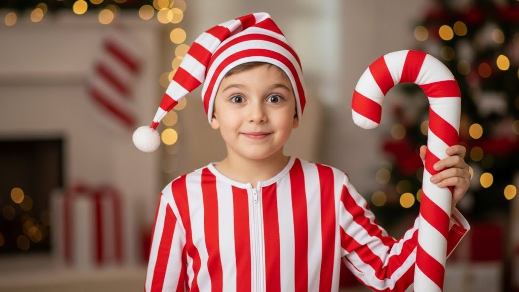 Kid wearing a red-and-white candy cane December costume.