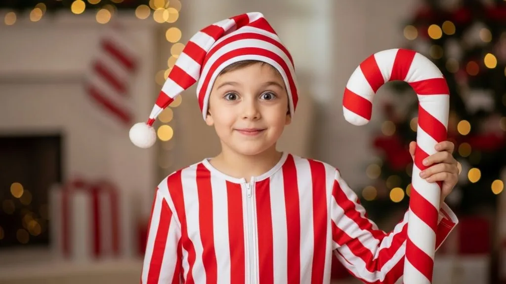 Magical December Costume Ideas for Kids: Cute, Cozy & Celebration Ready 6 Kid wearing a red-and-white candy cane December costume.