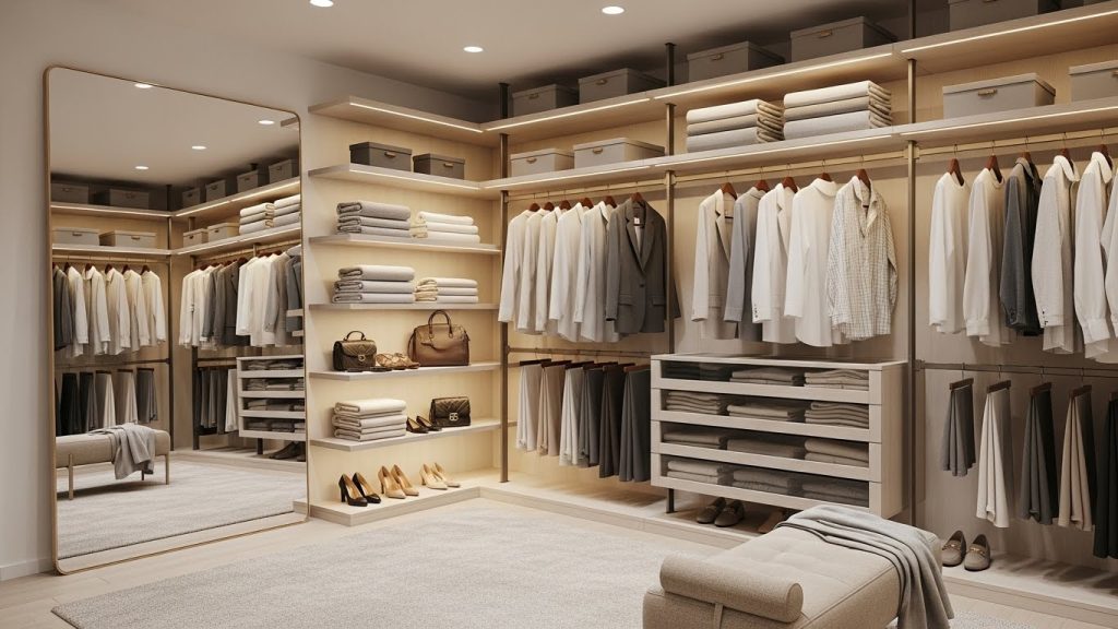 Minimal modern wardrobe with neutral essentials arranged in a clean, organized closet