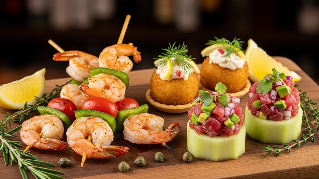 Luxurious seafood New Year recipes appetizers served in small elegant portions