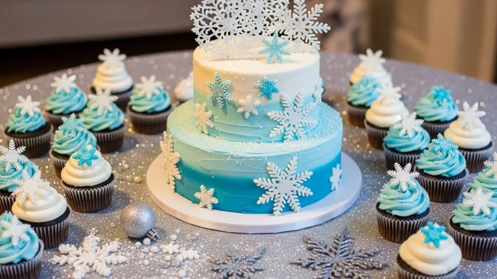 Frosted cookies shaped like snowflakes displayed on a mirrored tray.